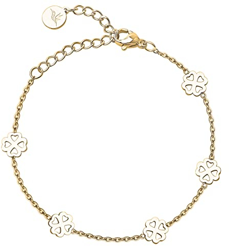 BONNYBIRD® Kleeblatt Armband Gold Glücksbringer Prüfung Edelstahl Damen Viel Glück Prüfung Geschenk Glücksarmband Frauen Wasserfest Schmuck Vergoldet Armkette Gute Besserung Firmung Mädchen Abitur