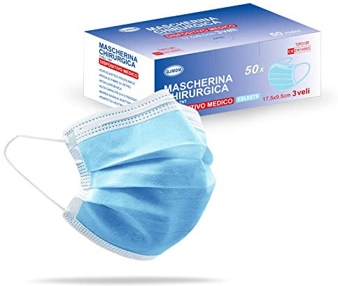 S&S Medical 50 Mascherine chirurgiche CELESTI 3 veli certificate CE - Dispositivo Medico di tipo 2r + Gancio salve orecchie in Regalo