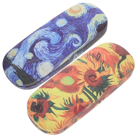 Milisten Brillenetui aus Leder, : Vincent, Sonnenblume, Sternennacht, Malerei, Sonnenbrillenhalter, Brillen, Lesebrille, Behälter, 2 Stück, 16.5x6cm, Leder Bambus