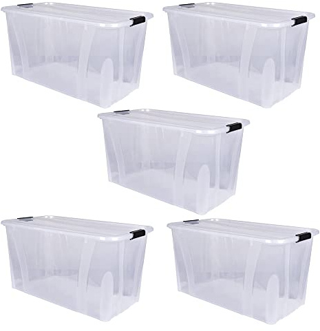 Aufbewahrungsbox + Deckel 5er Set, transparent versch. Gr. stapelbar | Lebensmittelbox Transportbox Vorratsbox Lagerbox Wäschebox Kunststoffbehälter Campingbox (L71,9 x B38,5 x H37,2 cm - 80l)