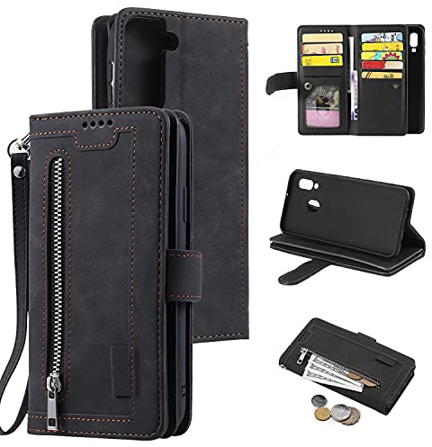 EYZUTAK Handyhülle für Samsung Galaxy S21 FE 5G Hülle,Flip Case Lederhülle Reißverschluss Magnetverschluss Brieftasche mit 9 Kartenfächern Standfuntion Retro Matt Ledertasche-Schwarz