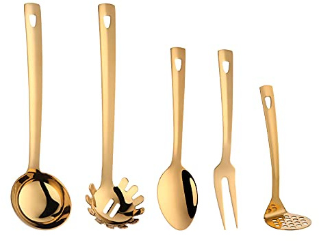 Buyer Star Küchenutensilien-Set, 5 Stück, Kochutensilien, Edelstahl, 18/0, Küchenwerkzeug und Gadgets, Salatlöffel, Gabeln, große Saucenkelle, Nudelheber, Kartoffelstampfer, spülmaschinenfest, Gold