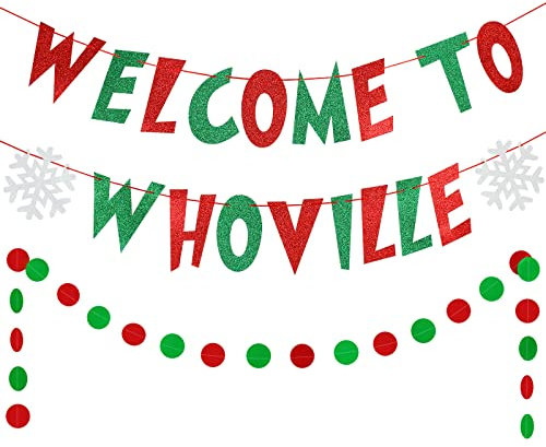 Cartel de bienvenida a Whoville con purpurina roja y verde, decoraciones de Navidad de Grinch, decoraciones de fiesta de cumpleaños de Navidad, decoraciones de vacaciones de Navidad
