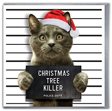 Brainbox Candy - Lustige und lustige Weihnachtskarten - Weihnachtsbaumkiller - Weihnachtskarte für Katzen - freche Weihnachtskarte - für Ihn, Sie, Mann, Frau, Partner, Freund