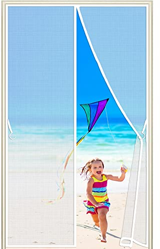 Zanzariera Magnetica per Porte, personalizzabile, 90x240cm, Tenda in Rete Resistente con 26 Magneti Chiusura Automatica, Gancio ed Anello per Telaio Completo, Bianca