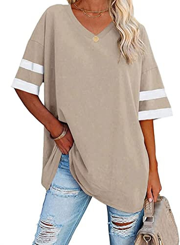 Voopptaw Women's Baggy Short Sleeve T Shirts Striped Half Sleeve V Neck Comfy Cotton Loose Tunic BlouseTops Beige XXL
