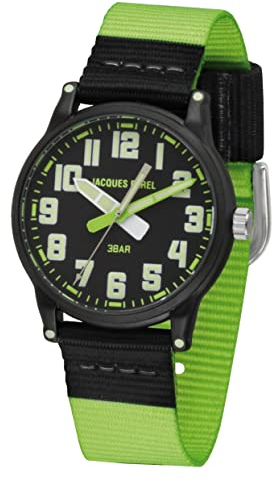JACQUES FAREL Kinder Jugend Armbanduhr Jungen Analog Quarz mit Textilband Grün Schwarz und Leuchtelementen KLM 03