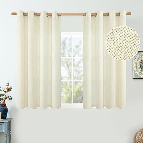QUEMAS Kurze Leinen-Vorhänge für Schlafzimmer, 114,4 cm lang, 2 Paneele, kleines Fenster, Boho, Küche, Badezimmer, Lichtfilterung, Jute, halbtransparent, mit Ösen, 132 cm breit, 2 Paneele, cremefarben