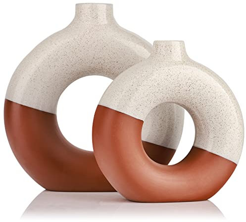 Terrakotta-Vase, Dekoration, Donut-Vase, 2er-Set, runde Hohle Vase, Moderne, Matte Keramikvase für Eingangsbereich, Wohnzimmer, Schlafzimmer, Esstisch, Tafelaufsatz, Büro, Heimdekoration