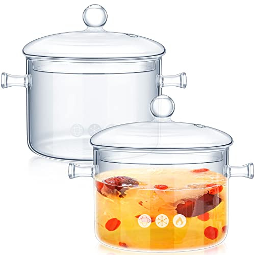 Zubebe 2 Pcs Glass Pots for Cooking on Stove Set Glass Saucepan with Cover Heat Resistant Clear Pots and Pans Set Stovetop Glass Cookware Simmer Pot with Lid for Soup Milk(1.5 L, 1.9 L)