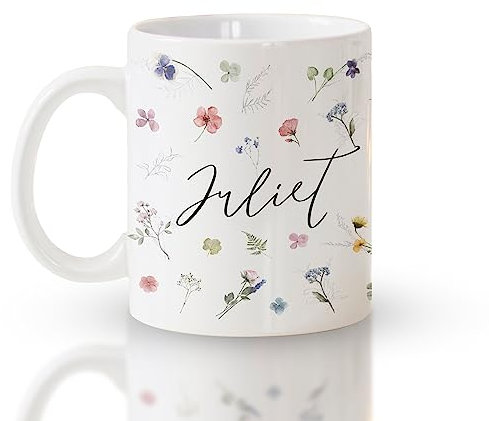 Personalised Ceramic Coffee Mug with Delicate Dried Flower Print - Custom Gardening Gifts for Women, Unique Personalised Gifts, Name Customised Gift Tea Cup