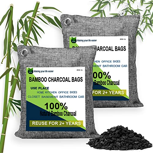 wyewye Bamboo Charcoal Air Purifying Bags, 2x200g, Odour Eliminator, Fridge Fresheners, Fridge Deodoriser, Medium Size for Flexible Use, 200g Pack of 2