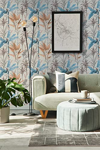 New Walls Papier peint floral avec motif feuilles - Motif jungle tropicale - Bleu, orange, gris, crème