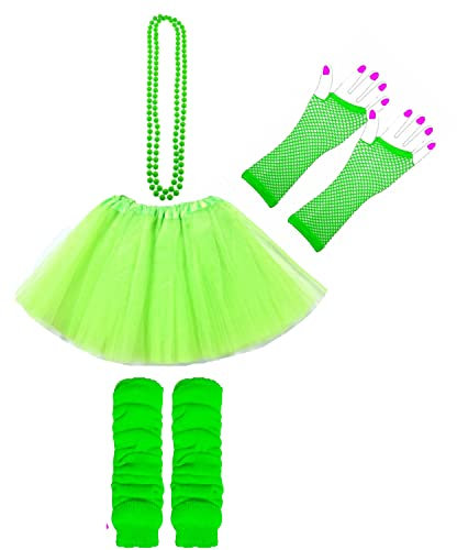 Lizzy Neon Colour Leg Warmers + Fishnet Gloves + 3Layer Tutu + Beads Necklace | 80s Neon Teen Fancy Dress Dance ware Hen Party Tutu Accessory (Neon Green, Ladies)