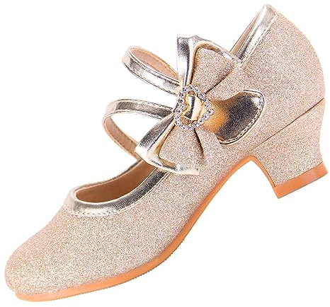 EIGHT KM Mädchen High Heel Kleidschuhe Mary Jane Prinzessin Hochzeit Party Pumps Schuhe EKM7035 Glitzerndes Herz Diamant Schleife Gold EU Kleinkind Größe 24