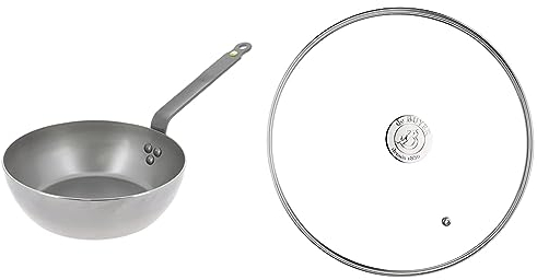 DE BUYER 5614.28 'Mineral B Element' Poêle Paysanne Ronde - Revêtue de Cire d'Abeille - Tôle d'Acier Blanche, Diamètre 28 cm, Gris & 3429.28 -couvercle verre milady ø28