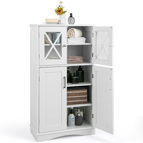 COSTWAY Meuble de Salle de Bain à 4 Portes, Colonne Salle de Bain 2 Portes Vitrées, Armoire Haute avec 3 Étagères Réglables pour Salon, Cuisine, 30 x 60 x 108 cm, Blanc