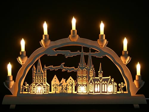 Schlick & Türk Schwibbogen Köln - Stadtmotiv - 51cm, 7 Kerzen + Vorbeleuchtung - Feine Handarbeit aus dem Erzgebirge - Weihnachten erzgebirgischer Lichterbogen
