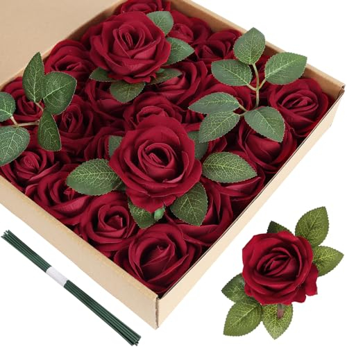 ICBOX Rote künstliche Rosen, Samt, Seidenblumen mit Stielen, für Heimwerker, Hochzeit, Party, Babyparty, Heimdekoration, 25 Stück