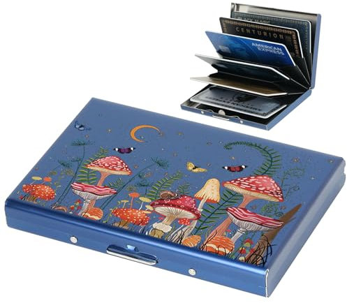 BONSYL® Porte Carte de Crédit, Fin Portefeuille de Carte de Crédit en Métal avec Blocage RFID avec 6 Fentes, pour Hommes et Femmes.(6 Cartes/Bleu/Champignon)