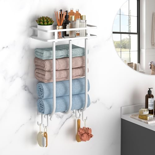 ZDDLOINP Porte Serviette Salle de Bain avec Étagère en Métal et 4 Crochets, Porte Serviette Murale pour Les Serviettes Pliées ou Enroulées, 45CM Porte Serviette Blanc