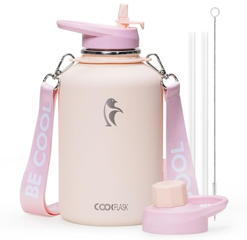 Coolflask 2l Insulated Water Bottle Stainless Steel with Strap | Large Water Jug with Straw & Spout Lids, Triple-Wall, Cold 48+h, Dishwasher Safe, Leakproof, BPA-Free, for Gym & Hiking