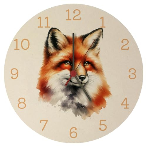 speecheese Fuchs Porträt Aquarell Wanduhr Stilvolle Tier Wanduhr mit elegantem Fuchs Aquarell Design Wildtier Fell Schnauze Details Raubtier Ohren Pelz Dekor