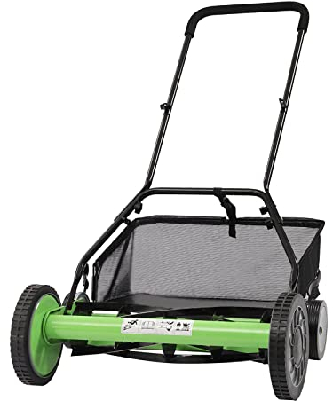 Cortacésped con batería, cortacésped manual de empuje manual con 5 cuchillas de acero de precisión, ancho de corte de 50,8 cm, 9 alturas de corte, con bolsillo, verde y negro