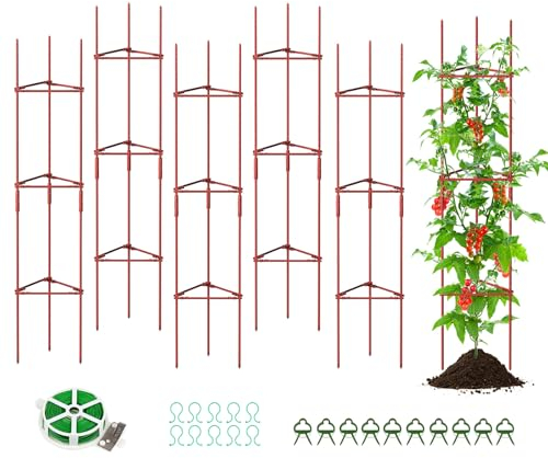 SUNYRISY Tomate Rankhilfe im Set, Pflanzenhalter für Tomate, Rankhilfen für Kletterpflanzen, Pflanzenstütze für Blumen & Nutzpflanzen, DIY Einstellbar 6er Set, 120 cm Höhe, Rot