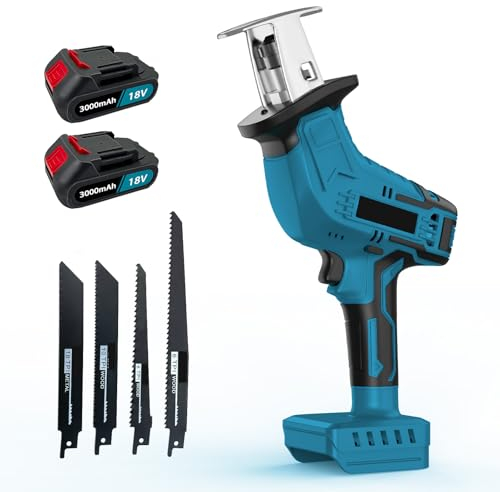 18V Akku Säbelsäge Ersatz für Makita 18V BL1850,Reciprosäge mit 4 Sägeblätter,Variabler Drehzahl von 0-3000 RPM,für Holz, PVC-Rohre, Baumschnitt(Mit 2 x 3.0Ah Akkus)