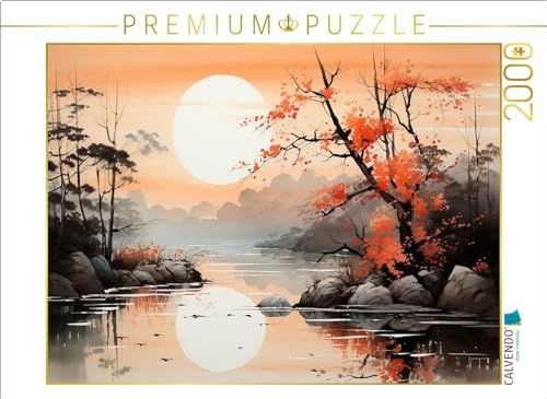 Puzzle · Sonnenuntergang am See | Japanisches Aquarell · KI generiert · 2000 Teile · Lege-Größe 90 × 67 cm · CALVENDO Puzzle