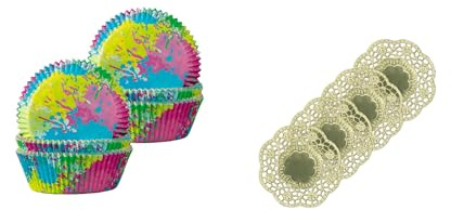 Demmler Muffin 2er Set Multicolour - Cupcakes Papierförmchen 5 x 5 x 2,5cm - 120 Stück - inklusiv 4 goldener Tassendeckchen - Made in Germany