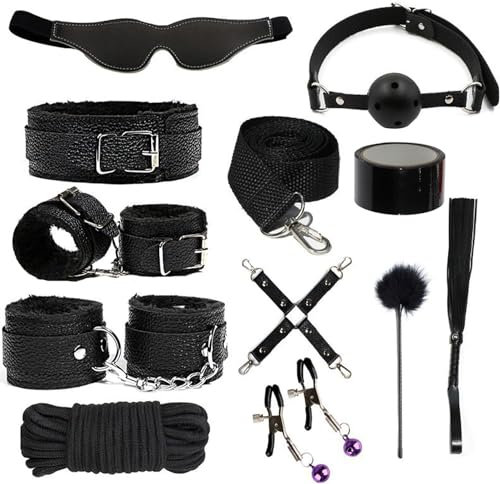 Bondage Set SM Bondage Satz 11 Stück, Fesseln Set Extrem BDSM Bettfesseln, Handschellen, Augenbinde Augenmaske Peitsche Nippelklemmen Knebel,SM Sexspielzeug für Paare Extrem Sex Spielzeug