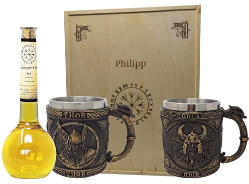 Geschenkset Wikinger Kelch oder Krug inklusive Wikingertrank Met Honig-Apfel in der Elixierflasche mit Holzbox und Gravur - Met Honigwein personalisierbar verschiedene Varianten (Krug Thor und Odin)