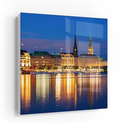 DEQORI Schlüsselkasten weiß | 30x30 cm | Motiv Hamburg bei Nacht | Glas & Metall Schlüssel-Box | Schlüsselschrank mit 50 Haken + 2 Magnete | Moderne Design Box magnetisch & beschreibbar