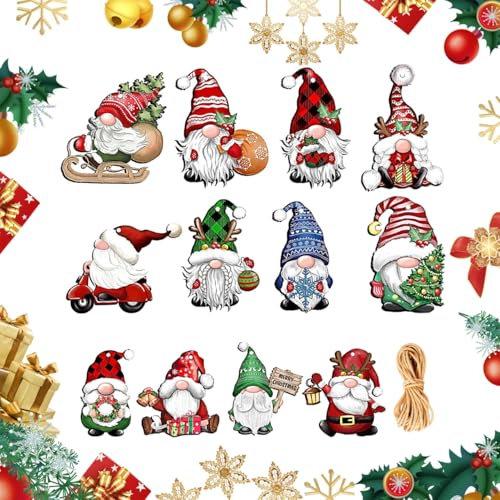 XQMMGO 24 Adornos para Árbol de Navidad, Colgantes de Madera, Decoraciones de Papá Noel Hechas a Mano (Gnomo)