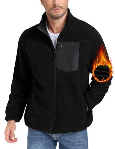 MoFiz Uomo Giacca in Pile con Zip Intera Caldo Collo Alto Senza Cappuccio Cappotto Leggero Autunno Inverno con Tre Tasche Nero EU 3XL