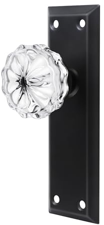 Single Sided Vintage Glass Dummy Door Knobs Interior, Matte Black | 2 Pack, Crystal Dummy Door Handles Replacement Old Style Door, Antique Door, Long Escutcheon Plate