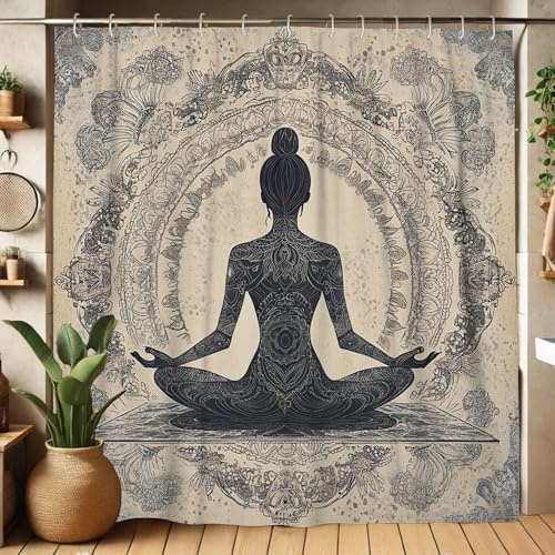 Meditations-Duschvorhang, Yoga-Mädchen-Duschvorhang für Badezimmer-Dekor, modern, minimalistisch, wasserdicht, Stoff-Duschvorhang-Set mit Haken, 183 x 198 cm, Schwarz und Beige