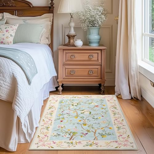 TOPICK Blume Flur Waschbar Küche Kurzflor Retro Blau auf Rosa Orientalischer Teppich 90x150cm Antibakterieller Faltbar rutschfest Teppich für Brücken Schlafzimmer Wohnzimmer Flur Eingangsbereich