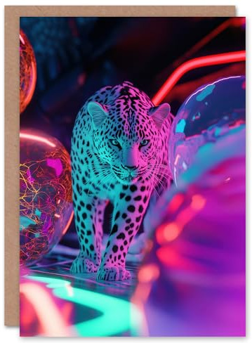 Artery8 Greeting Card Leopard and Neon Pink Blue Colour Party Balloons Blank For Him Or Her Art Birthday Card
