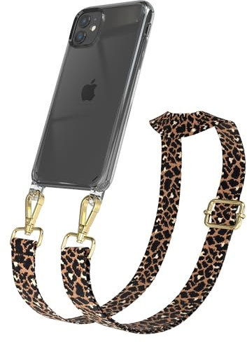 EAZY CASE Handykette - Verstellbares Taschenband kompatibel mit iPhone 11, Schulterriemen, Handykordel mit Silikon Hülle, Umhängetasche, Leo - Schwarz Braun Metall Gold