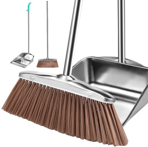 Broom and Dustpan Set Stainless Steel Upright Broom Dustpans with 118cm Long Handle Heavy Duty Dustpan Broom Combo Set Portable Sweeper and Dustpan Set for Home Office Dorm (Square B)