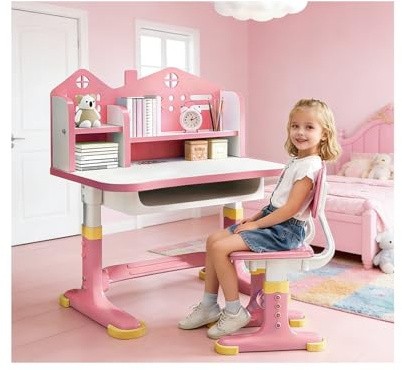 Bidbory Table et Chaises pour Enfants, Bureau Rose Réglable en Hauteur, Bureau d'Étude avec Bibliothèque et Tiroir pour Garçons et Filles 3-12 Ans