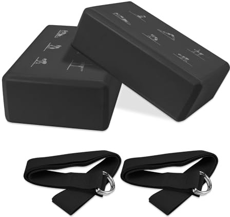 IBEQUEM 2PCS Yoga Block, hochdichte, rutschfeste EVA Schaumstoffblöcke mit 2 verstellbaren Dehnungsbändern, ideal für Pilates und Stretching für Fitness-Enthusiasten (Dunkle, M)