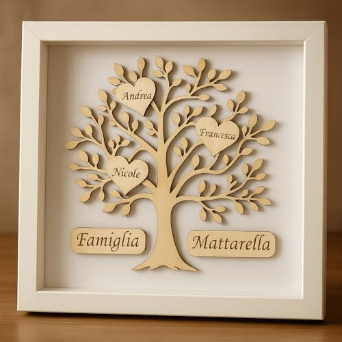 Stileitaliano Quadro Personalizzato Albero della Vita in Legno con Cornice, Regalo Famiglia con Nomi Incisi, Decorazione da Parete o Tavolo, Bianco