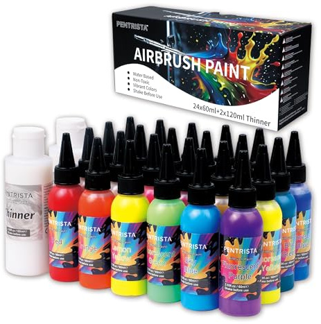 PENTRISTA 24 Colors Airbrush Paint Set (60ml/2.03 oz) with 2 Thinner,Large Bulk Air Brush Paints,Non-Toxic & Quick-Drying Formula Acrylic Airbrush Paint for Nails,Model,Metal,Plastic,Wood, Canvas