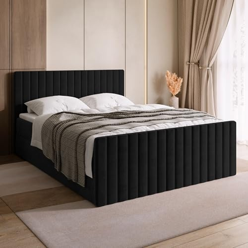 BROMARKT Boxspringbett 160x200 mit Bettkasten Topper Härte H3 Schwarz | Doppelbett mit Bonellmatratze gepolsterte Kopfstütze Fußteil Polsterbett Bett Bed Jugendbett Einzelbett hinterteil DREAM DUO