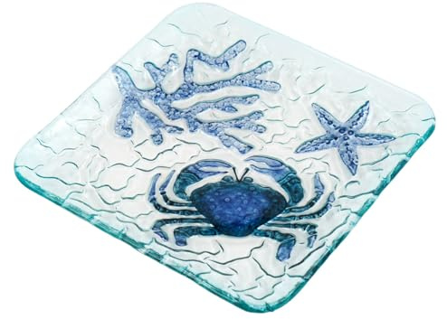 Square Glass Crab Plate | Coastal Serving Dish with Starfish & Coral Detail | Sea-Inspired Tableware for Summer, Seafood & Nautical Decor - 20cm