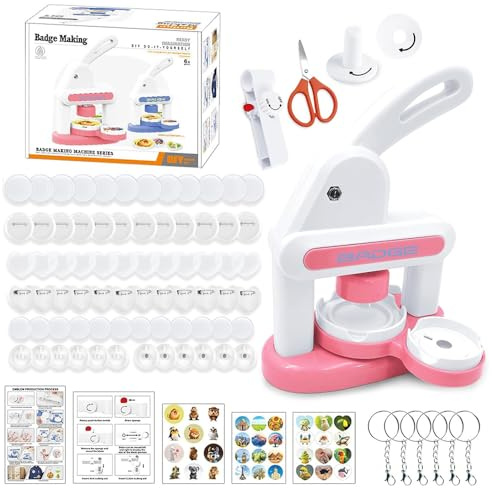 KBIBCK Buttonmaschine, Button Maker Badge Machine, Buttons Selber Machen, DIY Button Maker mit 85 Zubehörteilen & Kreisschneider, Pin Maker Machine für Personalisierte Dekorationen DIY Kreation (Rosa)